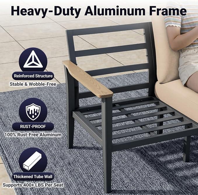 Aluminum Outdoor Patio Furniture Set, 4-Piece Outdoor Sofa with 5.1" Thick Cushions, 2 Swivel Rocking Chairs and 1 Side Table, Outdoor Couch for Backyard, Balcony, Khaki