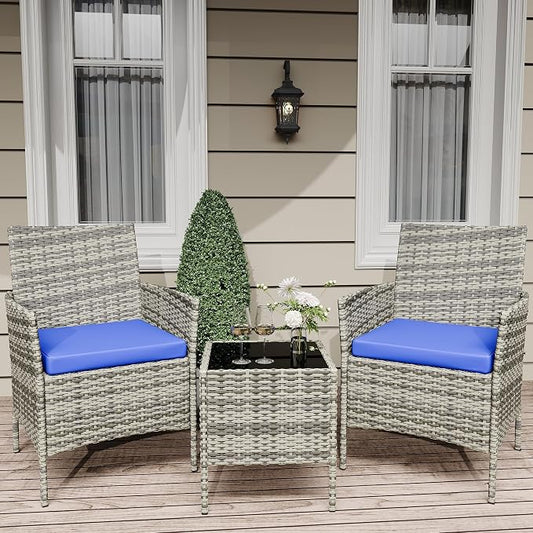 IDEALHOUSE Patio Furniture Set, 3-Piece PE Rattan Wicker Patio Set with Cushions and Glass Table, Outdoor for Porch, Garden, Balcony, Modern Outdoor Patio Furniture Set, Grey & Blue