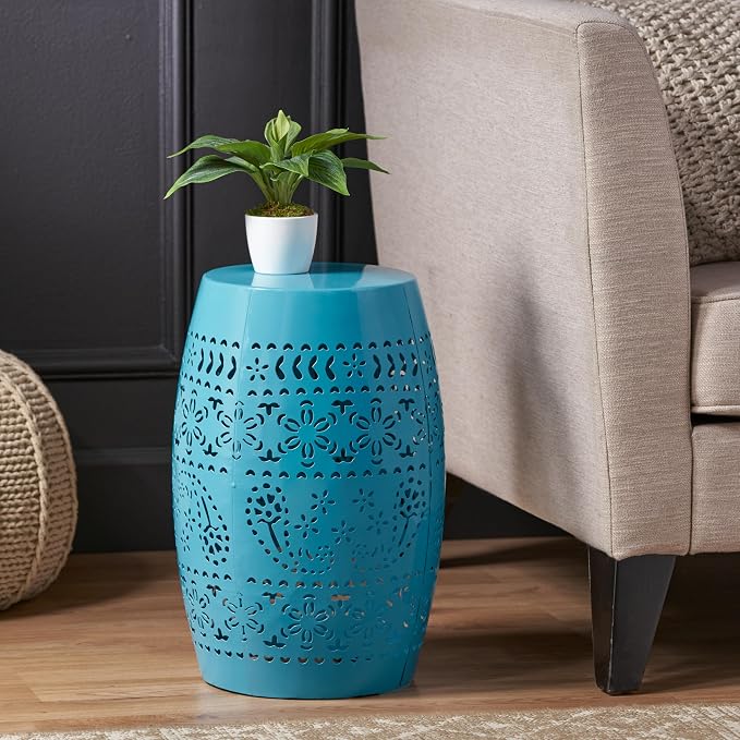12" Outdoor Side Table, Metal Cutout Drum Side Table, Patio Garden Stool | Coffee End Tables for Small Spaces, Living Room, Backyard, Poolside