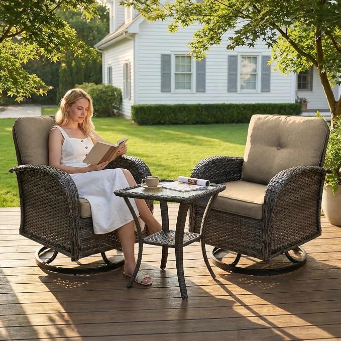 SHGJ&SOFT 3 Piece Patio Furniture Set, 2 Outdoor Swivel Rocking Chairs with Side Table, Wicker Glider Chairs, All-Weather Rattan Bistro Set for Porch, Deck, Pool (Brown, Grey Full-Weave Rattan)