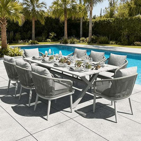 LayinSun 9 Pieces Outdoor Patio Dining Set, Aluminium Rectangular Dining Table and Wicker Rattan Chairs Set for Outside Backyard, Poolside