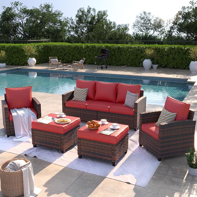 Outdoor Furniture Set, 5 Pcs Wicker Patio Couch with Chairs, Ottomans and Thick Cushions, All Weather Wicker Rattan Patio Conversation Set,Wine Red