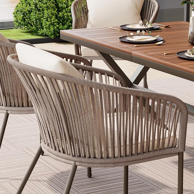 7 PCs Patio Dining Set with Table and 6 Chairs Beige | All-Weather Outdoor Furniture with Acacia Wood Tabletop & Metal Frame, for Garden, Backyard, or Balcony