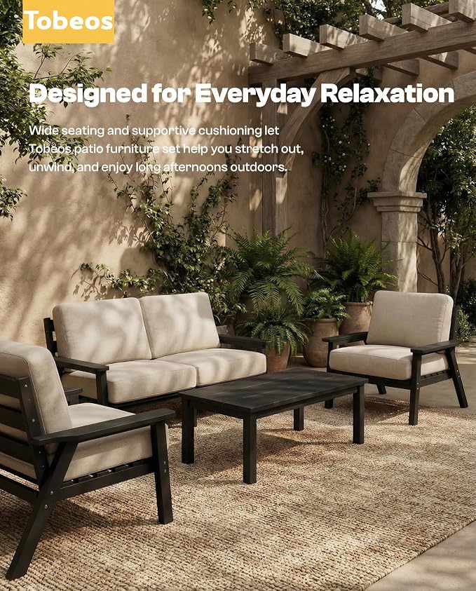 7 Piece HDPE Outdoor Furniture Set with Beige Cushions (Black Frame) | All-Weather HDPE, Modular Design, Extra-Deep Seating, Thick Cushions, Ideal for Backyard, Deck & Porch