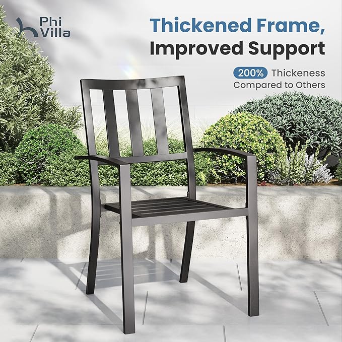 PHI VILLA 5 Pcs Patio Dining Set, 42" Round Steel Table w/Umbrella Hole | Round metal table w/ 1.57" umbrella hole&4 Black Stacking Metal Chairs for Patio, Deck, Yard, Porch