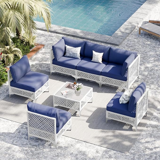 Vikiullf Patio Conversation Set, 7 Piece Outdoor Sectional Sofa Set with Coffee Table, White Wicker with Blue Cushions (White and Blue, 7 piece)