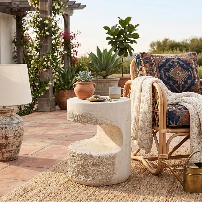 Christopher Knight Home Skye Round MGO Outdoor Side Table With Hollow Cylindrical Design, Square Accent Table with Stone-Like Texture, Weather Resistant Small End Table for Indoor/Outdoor Usage, Beige