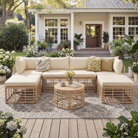 7 Pieces Outdoor Patio Furniture, All-Weather Rattan Sectional Sofa Set with Thick Cushions and Pillows, Freely Combined Conversation Sets for Garden, Backyard, Balcony (Brown#33)