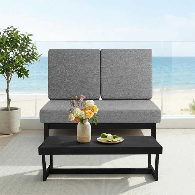 All Weather Patio Furniture Sets, 3 Pieces Black Wood Patio Loveseat Sofa Outdoor Sectional Futniture Backyard Conversation Set with Solid Wooden Coffee Table - Grey