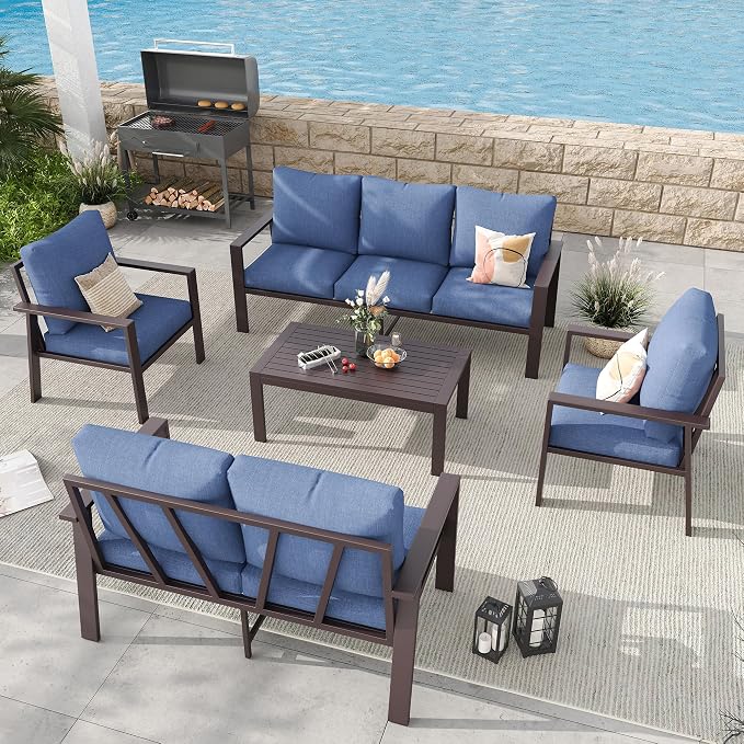 Aluminum Patio Conversation Set All-Weather Outdoor Furniture 5-Piece Sectional Sofa with 4" Cushions, Modular Patio Set for Porch Poolside Deck Yard