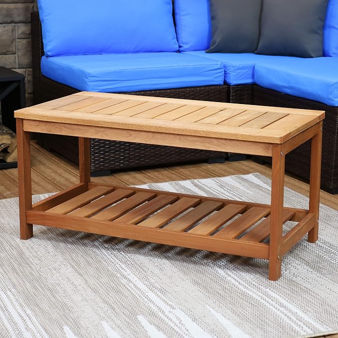 Sunnydaze Meranti Wood Outdoor Coffee Table with Storage Shelf for Living Room, Patio, or Outside – 35-Inch Rectangular Wooden Coffee Table – Ideal for Backyard Living – Teak Finish