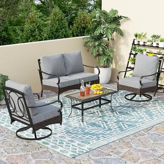 PHI VILLA Outdoor Porch Furniture Set, Upgraded Wicker & Metal Deep Seating Patio Furniture Conversation Set with Waterproof Thick Cushions for Balcony, Yard (4 Pieces,Grey)