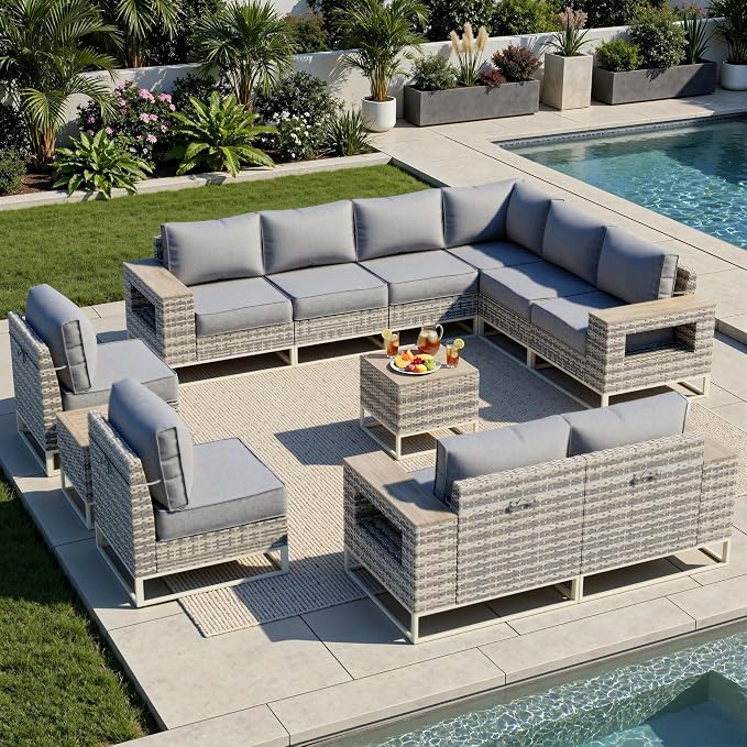 Outdoor Patio Furniture Set 12-Piece PE Rattan Wicker Outdoor Sectional Sofa with Thickened Cushions and Chunky Arms, Modern Modular L-Shaped Conversation Set for Garden, Backyard, Slate Grey