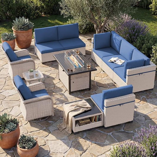 Patio Furniture Set, 11-Piece Outdoor Sectional Sofa with Swivel Rocker Chairs & Fire Pit Table, Wicker Patio Conversation Set with Coffee Table, Blue Cushions