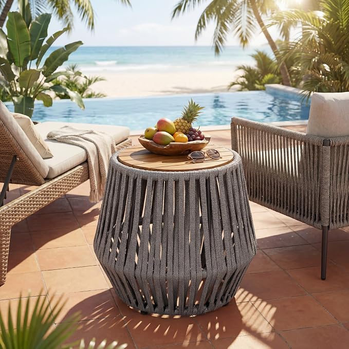 Merax Outdoor Rope Side Table - Acacia Wood with Teak Finish, 100 LBS Capacity, Weather-Resistant Woven Table for Patio, Deck, Balcony - 21.26" Round Base x 18.11" H