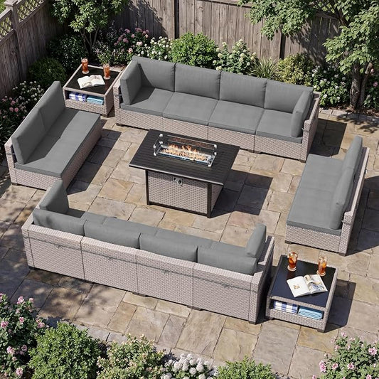 Patio Furniture Set, 15-Piece Outdoor Sectional Sofa with 60,000 BTU Fire Pit Table & 2-Layer Glass Coffee Table, Wicker Patio Conversation Set with Gray Cushions