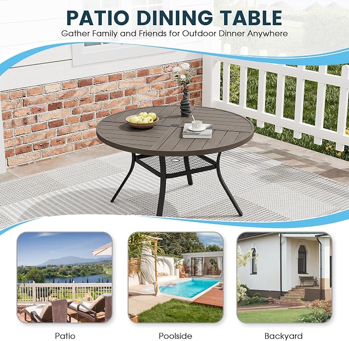 Patio Dining Table for 4, Round Metal Outdoor Table with Storage Shelf, 1.57" Umbrella Hole, 41" Outdoor Quartered Tabletop Dining Table for Backyard, Porch, Lawn, Grey
