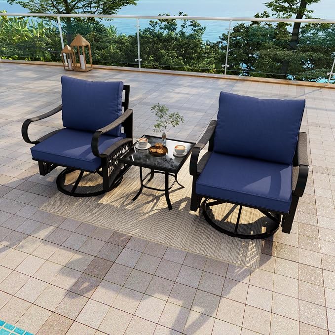 3 Pieces Outdoor Furniture Set, Metal 360° Swivel Rocking Chairs Bistro Sets, Patio Conversation Set with Side Table for Deck, Porch, Garden, Backyard, Poolside (Blue Cushions)