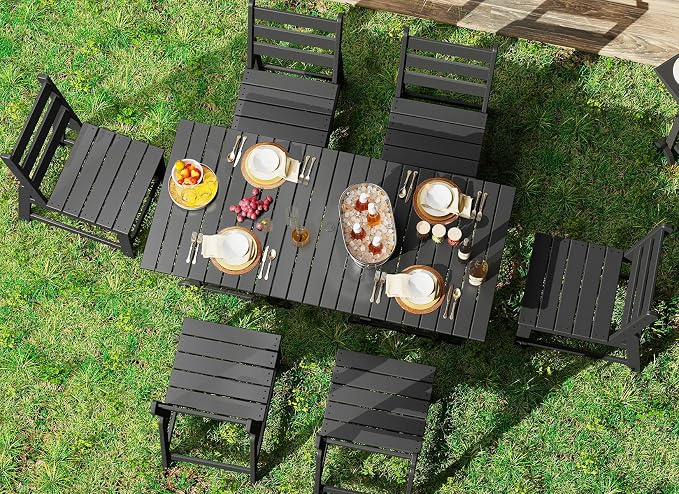 GREENVINES 7-Piece-Outdoor-Table-and-Chairs | HDPE | Patio Furniture | Dining Sets for 6 | Armless Chair | All Weather | Connectable Tables | for Backyard Poolside Garden | Black