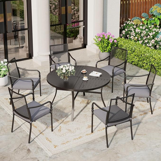 SUNSHINE VALLEY Patio Table and Chairs Set of 6, All-Weather Breathable Metal Mesh Patio Chair with Gourd-Shaped Armrests, 54x54 Round Table with Umbrella Hole, 7 Pcs Metal Frame Patio Dining Set
