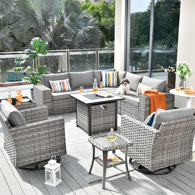 HOOOWOOO 10 Piece Modular Patio Outdoor Sectional Furniture Set with Gas Propane Fire Pit Table,Wicker Conversation Sofa Set with Swivel Chairs,Outside Couch Set(Dark Grey)