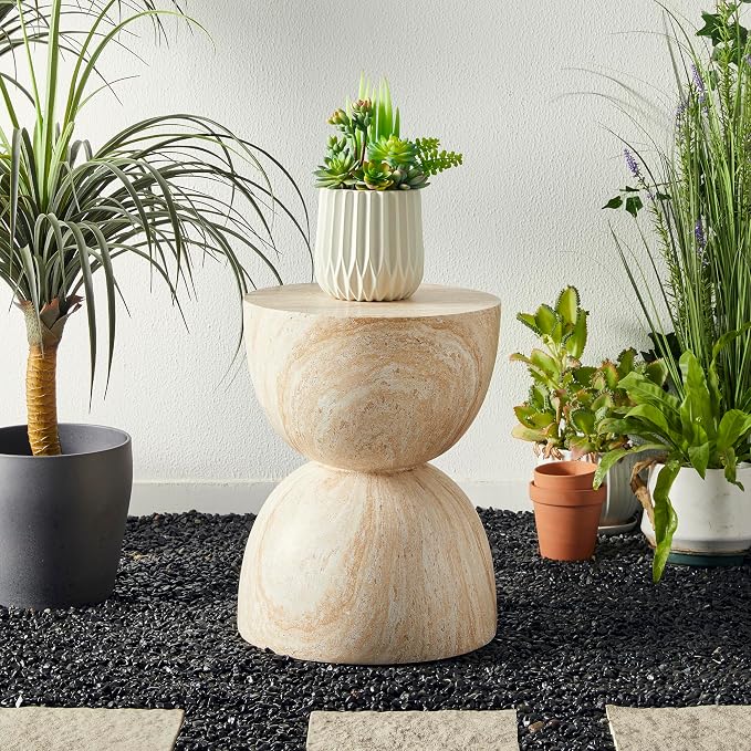 Glitzhome Outdoor Side Table Set of 2, 17.75" H Decorative Garden Stool MGO Hourglass Faux Terrazzo End Table, Round Planter Stand for Indoor Outdoor Living Room Bedroom Patio Deck Poolside