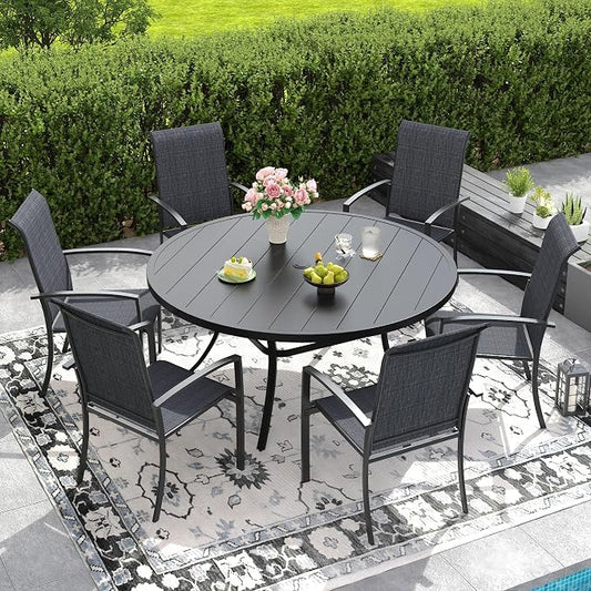 DIFY 7 Pieces Outdoor Dining Set for 6, 50" Round Dining Table with Umbrella Hole and Textilene Stackable Patio Chairs, Metal Patio Table and Chairs Set for Garden Backyard Poolside, Black