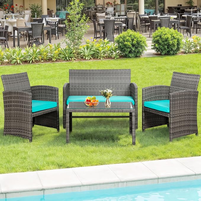 SUNLEI 4-Piece Outdoor Patio Furniture Set, Rattan Chair Wicker Conversation Set, Backyard Porch Garden Poolside Gray Rattan Sofa Set r with Cushion for Outdoor Indoor Use (Sky Blue)