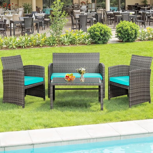 SUNLEI 4-Piece Outdoor Patio Furniture Set, Rattan Chair Wicker Conversation Set, Backyard Porch Garden Poolside Gray Rattan Sofa Set r with Cushion for Outdoor Indoor Use (Sky Blue)