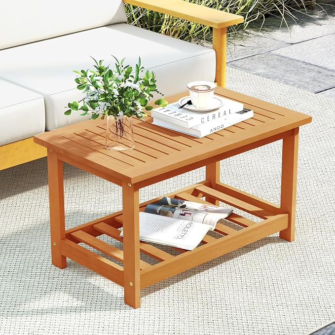 RELAX4LIFE 2-Tier Outdoor Coffee Table - Acacia Wood Rectangular Patio Center Table w/Slatted Tabletop & Storage Shelf, Indoor Outside Wooden Furniture for Living Room Backyard Deck Balcony, Natural