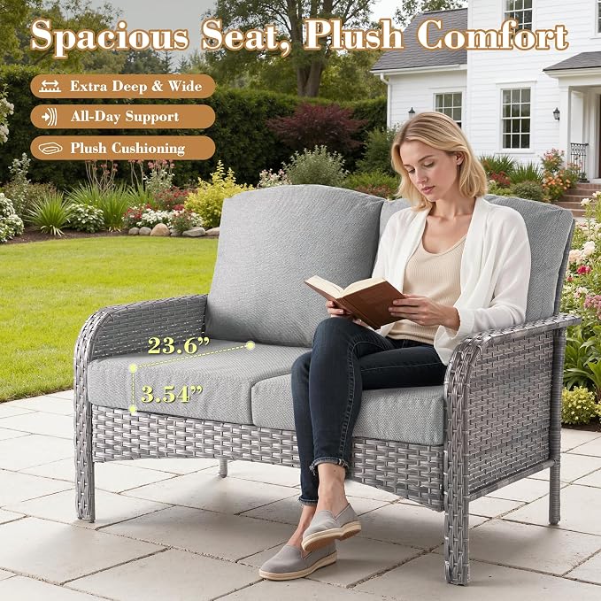 4 Pieces Patio Furniture Set, Small Outdoor Patio Set with Coffee Table, All-Weather Rattan Wicker High Back Conversation Set Loveseat with Chairs for Porch, Backyard, Balcony, Dark Grey