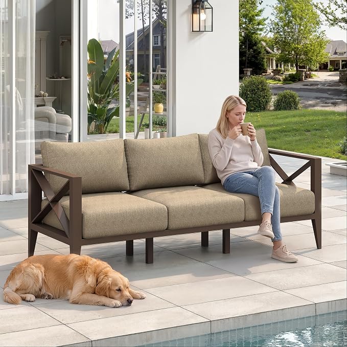 Outdoor Patio Sofa 3 Seat Couch with Cushions, Aluminum Patio Furniture Deep Seating Outdoor Couch for Backyard Deck Garden Conversation Area