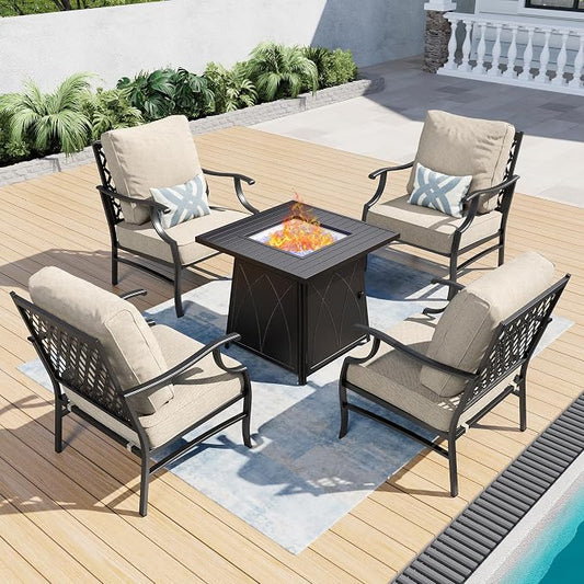 SUNSHINE VALLEY Patio Furniture Set with Firepit Table, 5 Piece Metal Outdoor Patio Furniture set for 4, 4 Single Chairs with 5.75" Extra Thick Cushion and Gas Firepit Table for Backyard Poolside Deck