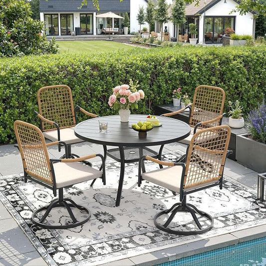 DIFY 5 Pieces Outdoor Dining Set for 4, 40.6" Round Dining Table with Umbrella Hole & Wicker Swivel Patio Chairs with Cushions, Metal Patio Table and Chairs Set for Backyard Porch Garden, Black