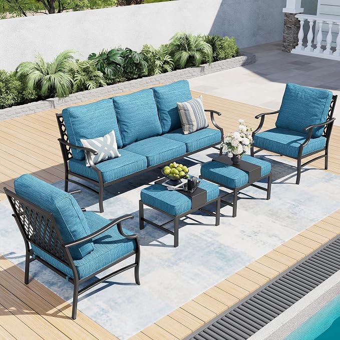 SUNSHINE VALLEY 5 Piece Metal Outdoor Patio Furniture Set, Patio Conversation Sets 3-seater Sofa, 2 Fixed Chair, 2 Ottomans with 5.75" Thick Cushion, Black All-weather Frame Backyard Furniture, Blue-2
