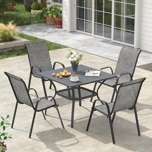 VICLLAX Square Patio Dining Set for 4, Metal Slatted Patio Table with Umbrella Hole and Stackable Patio Chairs for Deck Lawn Garden, Grey Fabric and Dark Grey Tabletop