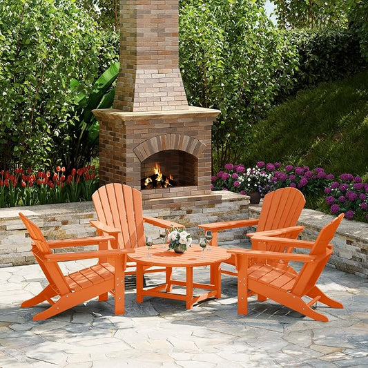Costaelm Patio Conversation Set, Outdoor Chairs Set of 5 Balcony Firepit Furniture Outdoor Adirondack Round Table and Chair Backyard Furniture Set for Lawn Porch Pool Garden, Orange