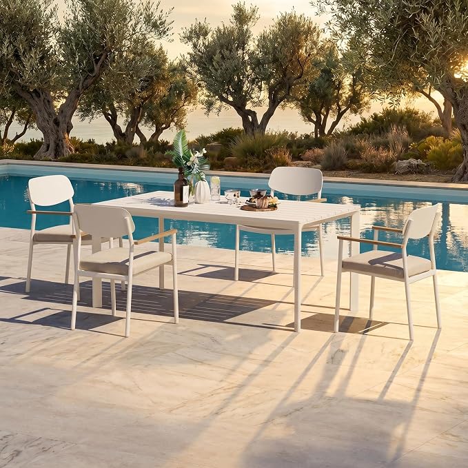 Modern Shade Luxury Outdoor Dining Set for 5, Outdoor Table and Chairs Set with Fade Resistant Cushions & FSC Teak, Premium Aluminum Patio Table and Chairs Set for Elegant Outdoor Living, White