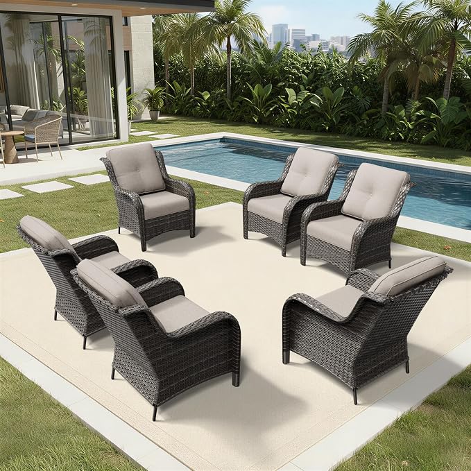 Joyside 6 Piece Wicker Patio Furniture Set, Rattan Patio Chairs with High Back, Deep Seating, Wide Armrest, Thickened Cushions, Outdoor Furniture for Deck, Porch Use