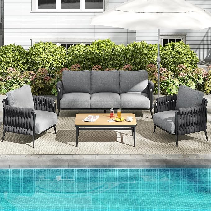 Jocoevol Outdoor Patio Furniture Set, Outdoor 5-Seat Sofa with Coffee Table, Waterproof Thick Cushion Patio Conversation Set, All Weather Outdoor Couch Set for Deck, Lawn, Balcony, Porch