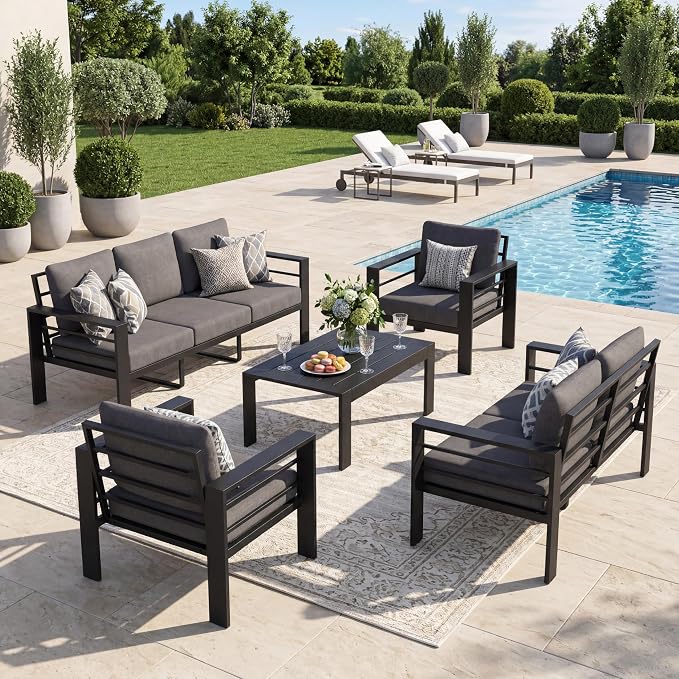 7-Seat Aluminum Patio Furniture Set, 5 Piece Outdoor Conversation Set with 4" Thick Washable Cushions & Coffee Table, Outdoor Sectional Sofa for Backyard, Deck, Porch, Poolside