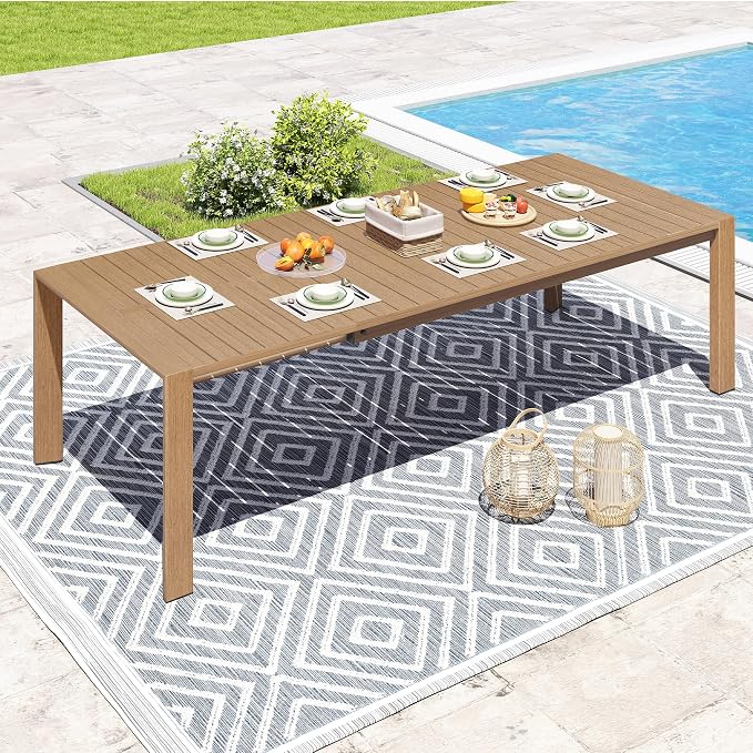 HAPPATIO Expandable Aluminum Outdoor Dining Table,Wood-Like Aluminum Rectangular Table for 4-8 Person,Large Rectangular Table with Safe Lock for Patio, Deck, Backyard, Porch