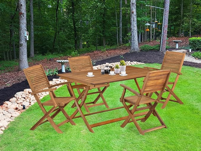 East West Furniture AEHD5CANA 5 Piece Patio Dining Set Consist of a Rectangle Outdoor Acacia Wood Dining Table and 4 Folding Arm Chairs, 36x60 Inch, Natural Oil