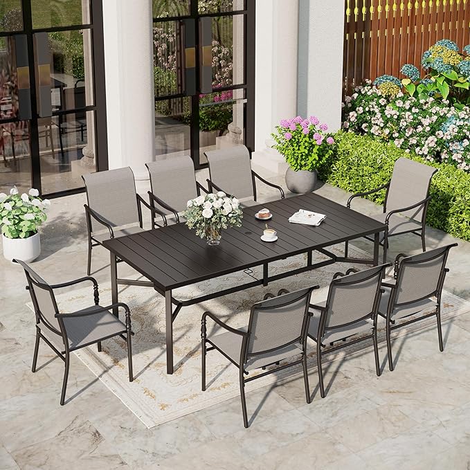 SUNSHINE VALLEY Patio Table and Chairs Set of 8, All-Weather Breathable Textilene Patio Chair with Gourd-Shaped Armrests, 83x39 Rectangle Table with Umbrella Hole, 9 Pcs Metal Frame Patio Dining Set