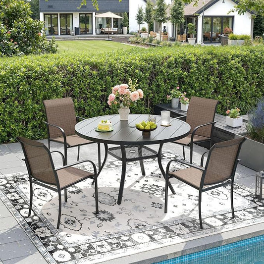 DIFY Outdoor Dining Set for 4, Patio Dining Furniture Set Includes 42" Black Round Table with Adjustable Umbrella Hole and 4 Brown Stackable Metal Chairs for Poolside, Garden, Backyard