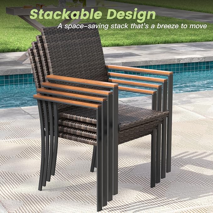 Round Patio Dining Set for 10, 63" Round Metal Table with Umbrella Hole and Stackable Wicker Patio Chairs, Outdoor Furniture Set for Deck Backyard Garden, Walnut Chairs, Walnut Table