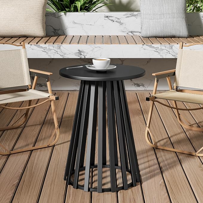 Round Small Outdoor Coffee Table, 15.6 Inch Metal Steel Patio Side Table, Patio Furniture Accent Bistro End Table, for Garden, Pool, Yard, Balcony, Living Room, Deck, Weather Resistant, Black