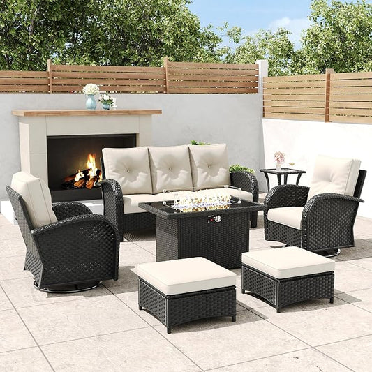 7 Pieces Outdoor Wicker Patio Swivel Rocking Chairs, All Weather Wicker Conversation Set with 44" Fire Pit Table