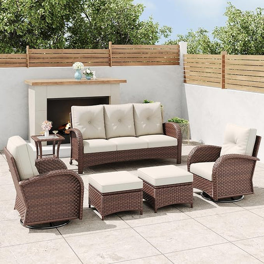 6 Pieces Outdoor Wicker Patio Swivel Rocking Chairs, All Weather Wicker Conversation Set with Side Table