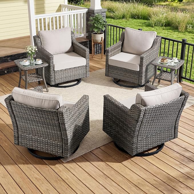 Luxury Patio Furniture Chairs Set - 2 Pieces All Weather Wicker Outdoor Couch and High Back Swivel Rocker Patio Chairs for Deck Yard and Poolside Gray Wicker | Beige Cushions